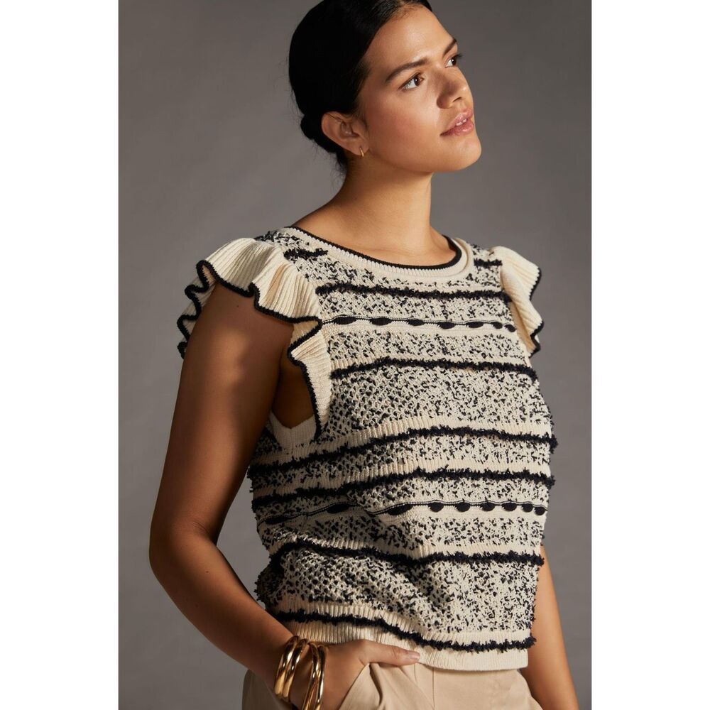 Anthropologie Cream and Black Ruffle Sleeve Knit Tank Sweater